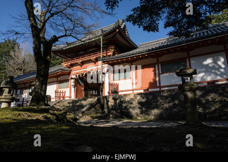 La porte d'entrée du sanctuaire Hachiman Tamukeyama à Nara, Japon sur une journée de printemps ensoleillée. Banque D'Images