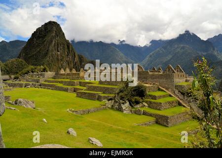 Close up vue détaillée de Machu Picchu, cité Inca perdue dans les Andes, au Pérou Banque D'Images