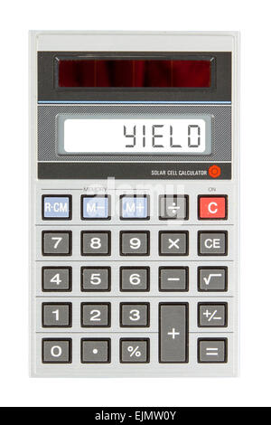 Vieille calculatrice montrant un texte sur l'écran - Banque D'Images