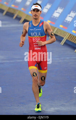 Auckland, Nouvelle-Zélande. Mar 29, 2015. Auckland, Nouvelle-Zélande - 29 mars 2015 - Mario Mola (Espagne, ESP) de franchir la ligne d'arrivée lors de la série mondiale de Triathlon International 2015 élite hommes le 29 mars 2015 à Auckland, en Nouvelle-Zélande. © dpa/Alamy Live News Banque D'Images