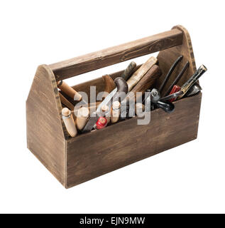 Boîte à outils en bois avec des vieux outils Banque D'Images
