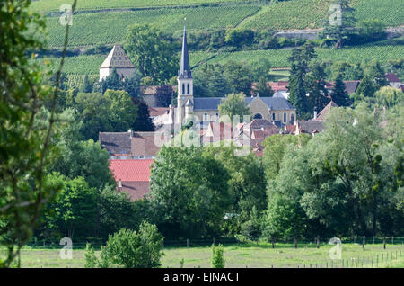 Regardant vers le bas du Canal du Centre à les tours du Château de Santenay et l'église Notre Dame du Rosaire à Santenay, en Côte-d'or, France Banque D'Images