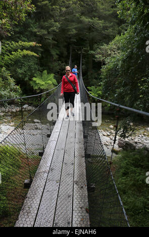 Les randonneurs à pied pont à Monro beach sentier à travers la forêt subtropicale Nouvelle-zélande Banque D'Images