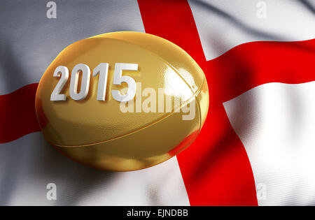 Angleterre 2015. Ballon de rugby d'or sur le drapeau Anglais Banque D'Images