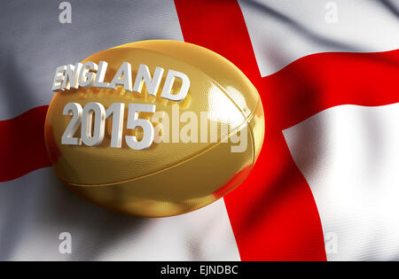 Angleterre 2015. Ballon de rugby d'or sur le drapeau Anglais Banque D'Images