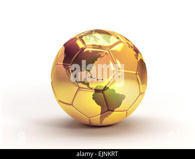 Ballon de soccer d'or avec une carte du monde, isolé sur fond blanc Banque D'Images