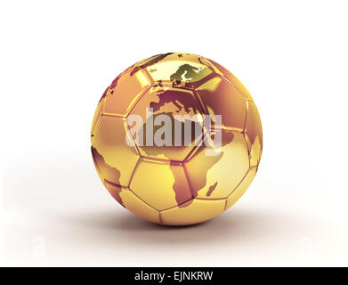 Ballon de soccer d'or avec une carte du monde, isolé sur fond blanc Banque D'Images