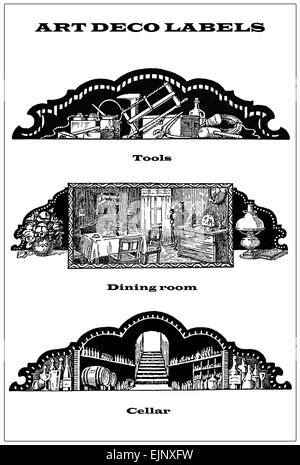 3 Frontières vintage - les étiquettes sur les outils de travail, salle à manger et une cave Banque D'Images