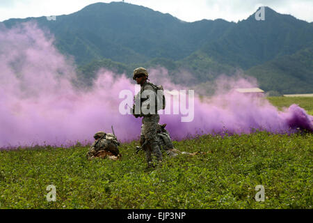 Les soldats du 2e Bataillon du 27e Régiment d'infanterie, 'Les Wolfhounds', 3e Brigade Combat Team, 25e Division d'infanterie attaque un objectif au cours de Bronco Rumble 8 Mai, ici à zone X du Bronco Rumble est un exercice de tir réel interarmes menée 1-14 mai, que des soldats à l'essai, tout en soulignant l'importance de la communication et développement du leadership. Le s.. Cashmere Jefferson, 3e Brigade Combat Team Public Affairs Office Banque D'Images