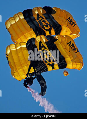 Les membres de l'équipe d'or de l'Équipe de parachutistes de l'armée américaine, Golden Knights, SFC Thomas Melton et le sergent Blake Gaynor, effectuer des travaux relatifs à l'équipage avant l'atterrissage à l'aéroport de Lexington/Maxton, N.C. Le 23 avril 2014. Les Chevaliers d'Or ont terminé leur dernière et de recevoir les commandes de l'acceptation de leurs compétences avant la saison 2014. Jerry Morrison Banque D'Images