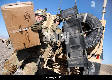 Le Lieutenant-colonel de l'armée américaine Mark Martin, chef d'équipe des affaires civiles pour l'Équipe de reconstruction provinciale PRT Farah, décharge un fort de fournitures scolaires lors de la visite d'un village de réfugiés et rapatriés local, le 9 février. L'Équipe de reconstruction provinciale PRT Farah a visité le village de réfugiés rapatriés et à la périphérie de la ville de Farah pour mener une étude de site et fournir de l'aide humanitaire. PRT Farah a pour mission de former, de conseiller et d'aider les dirigeants du gouvernement afghan à l'échelle municipale, district, et au niveau provincial dans la province de Farah en Afghanistan. Leur équipe militaire civil est constitué de membres de l'U.S. Banque D'Images