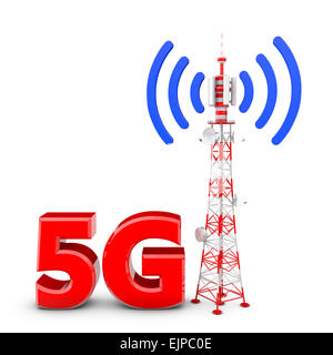 Tour de télécommunication avec les signaux émis et les lettres rouges : 5G Banque D'Images