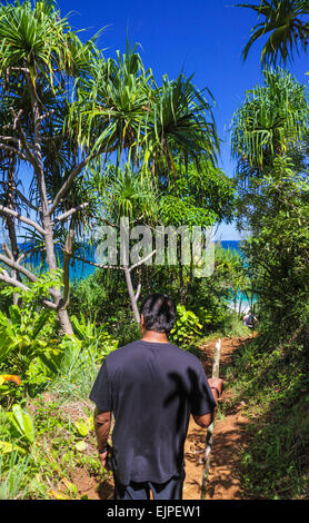 Randonneurs sur le sentier près de Kalalau Hanakapiai Beach Banque D'Images