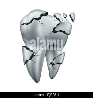 Dent cassée et symbole dentaire dentisterie dents concept comme une seule fissure sur une molaire endommagé isolé sur fond blanc. Banque D'Images