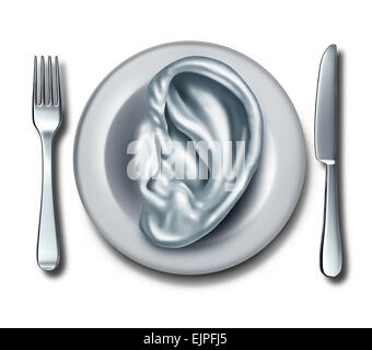 Conseils de régime alimentaire et l'information sur la nutrition comme un concept en forme de récipient blanc avec une oreille comme un symbole de l'écoute de recommandations alimentaires et de repas à la suite de critiques de restaurants ou de directives. Banque D'Images