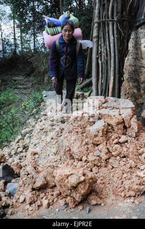 Jianhe, province du Guizhou en Chine. Mar 31, 2015. Yang Xiuzhi, 67, porte ses literies retour à la maison après avoir passé la première nuit après un tremblement de terre sur une ouverture dans Wangze Village de Nanjia Canton de Jianhe, comté de la province du Guizhou, au sud-ouest de la Chine, 31 mars 2015. De nombreux villageois touchés par un tremblement de terre de magnitude 5,5 a dû dormir dans l'ouvrir lors de la première nuit après le séisme. Le gouvernement local a commencé à construire des camps de fortune pour le evacuators. Credit : Ou Dongqu/Xinhua/Alamy Live News Banque D'Images