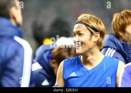 Oita, Japon. Mar 27, 2015. Takashi Usami (JPN) Football/soccer : Takashi Usami du Japon célèbre après le Kirin Challenge Cup 2015 match entre le Japon 2-0 Tunisie à Oita Bank Dome à Oita, Japon . Mm. Kenzaburo © Matsuoka/AFLO/Alamy Live News Banque D'Images