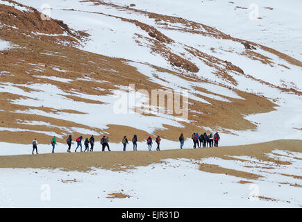 Des étudiants d'université de UK sur terrain couvert de neige dans le Parc National du Teide sur Tenerife, Canaries, Espagne Banque D'Images