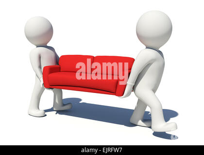 Deux worker carrying red couch. Isolé Banque D'Images