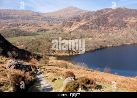 Chemin de Llyn Dinas lake à Nant Gwynant vallée avec Yr Aran pic en distance dans le parc national de Snowdonia. Gwynedd North Wales UK Banque D'Images