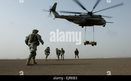 Des soldats américains subissent sling-charge formation à l'aide d'hélicoptère CH-53 Sea Stallion affectés à l'Escadron d'hélicoptères lourds Marine 461 sur l'Aérodrome de Chabelley à Djibouti le 14 juillet 2008. Les soldats font partie d'une équipe de recherche et sauvetage de combat avec le 4ème peloton, Bravo Batterie, 2e Bataillon, 18e Régiment d'artillerie, et ils appliquent la formation à l'aéronef et la récupération du personnel des missions. Le s.. Samuel Rogers, Banque D'Images