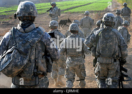 Des soldats américains, de l'Alpha Batterie, 4e Bataillon, 27e Régiment d'artillerie, 2e Brigade Combat Team, 1re Division blindée, patrouille dans une zone Smahill, l'Iraq, le 28 novembre 2008. La patrouille était à caches d'armes dans la région. La CPS. Chase Kincaid Banque D'Images