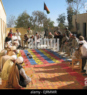 Les membres de l'Équipe provinciale de reconstruction et de Nangarhar Chaparhar rencontrez l'équipe de mentors de la police avec les anciens du village d'une école de village, district de Chaparhar Terelay, 24 décembre 2008. Les équipes se sont réunis avec les aînés afin de discuter des conditions actuelles dans le village, ainsi que distribuer des fournitures scolaires et les vêtements à l'école. Banque D'Images