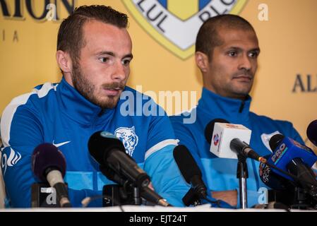 31 mars 2015 : Victor Astafei L et Geraldo Alves R lors de la conférence de presse pour présenter le partenariat entre d'ROU et Alexandrion Foundation au Sky Club dans Paulesti, Roumanie ROU. Catalin Soare/www.sportaction.ro Banque D'Images