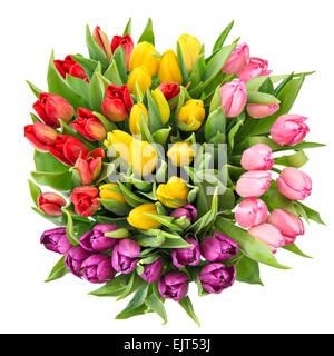 Bouquet de fleurs de printemps tulipe frais isolé sur fond blanc. Vue d'en haut Banque D'Images