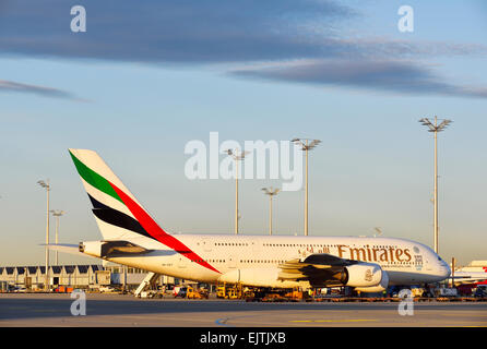 Airbus A380, Emirates, Munich, Freising, Erding, Erdinger Moos, Munich, Bavière, Allemagne Banque D'Images