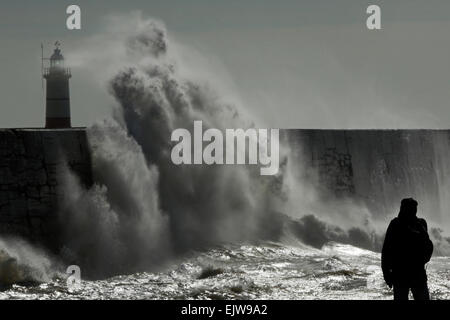 Un homme regarde comme des vagues s'écraser sur le mur du port de Newhaven dans l'East Sussex, UK Banque D'Images