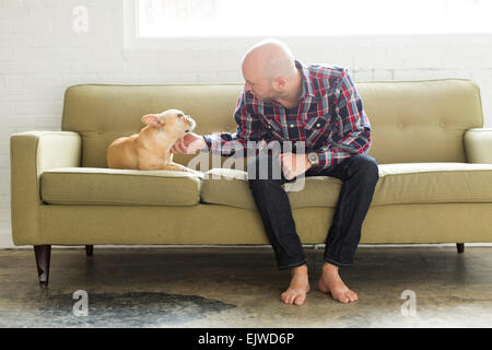 Homme assis sur le canapé en caressant le PUG Banque D'Images