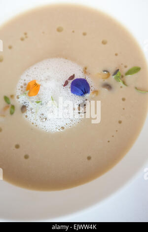 Soupe de chou-fleur caramélisé, avec mousse de raifort et garnir de fleurs sauvages, servi dans un bol blanc. Banque D'Images