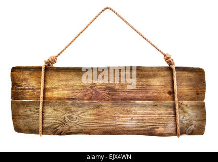 Panneau en bois suspendu à une corde sur fond blanc Banque D'Images