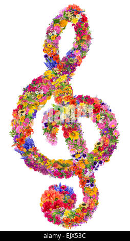 D'un signe abstrait encore de clé de sol à base de fleurs. Collage printemps fait main isolé Banque D'Images