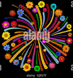 Résumé - mandala carré isolé sur Fireworks - noir fabriqué à partir des fleurs d'été. Collage naïf fait main Banque D'Images