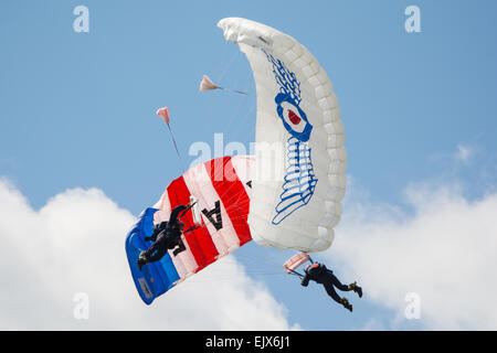 L'équipe de démonstration de parachutisme Falcons RAF, effectuant à l'affichage de l'Air 2014 RAFA Shoreham. Banque D'Images