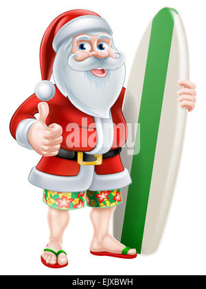 Caricature du Père Noël tenant une planche de surf et de donner un coup de pouce dans son conseil d'Hawaï et flip flop sandals Banque D'Images