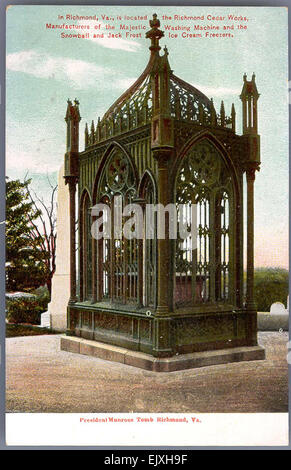 Cette carte postale montre la tombe du président Monroe à Richmond, en Virginie. Le site historique, situé dans le cimetière d'Hollywood, est connu pour son lien avec l'histoire américaine et sert de lieu de repos final au président James Monroe. L'image offre un aperçu des attitudes culturelles et des styles architecturaux du début du XXe siècle. Banque D'Images