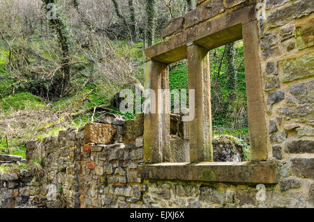 Fenêtre dans la ruine de maison à Batemans Lathkill Dale. Un Peak District réserve naturelle avec des anciennes mines. Banque D'Images