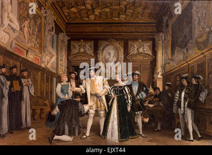 ActiveMuseum 0005749.jpg / Francois 1er à Rosso, donne les titres et les revenus de l'abbaye de St Martin ( François 1er, roi commanditaire), ici, qu'il récompense le peintre Rosso dans la galerie du château de Fontainebleau. C'est une toile de style troubadour ' ' en vogue au xixe siècle. François 1er rassemble de nombreuses peintures de maîtres italiens comme le Titien, Raphaël et Da Vinci et fait une grande collection, autour du 19e siècle 05/12/2013 - Collection / 19e siècle / Active Museum Banque D'Images