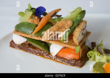 Tartelette de légumes, confiture de tomate et poulet croustillant servi sur une plaque blanche. Banque D'Images