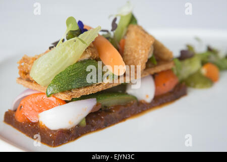 Tartelette de légumes, confiture de tomate et poulet croustillant servi sur une plaque blanche. Banque D'Images