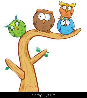 Funny cartoon sur groupe owl isolés d'arbres Illustration de Vecteur