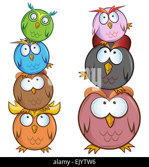 Funny cartoon Owl groupe isolé sur fond blanc Illustration de Vecteur