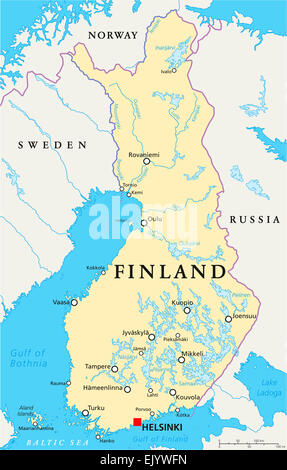 Carte Politique de la Finlande, Helsinki capital avec les frontières nationales, d'importantes villes, rivières et lacs. English l'étiquetage et à l'échelle. Banque D'Images