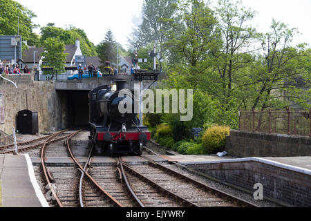 Un train à vapeur quitte sur le manomètre standard Llangollen heritage railway sous Banque D'Images