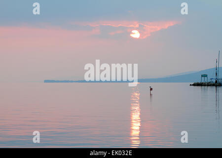 Coucher de soleil sur le lac Balaton en Hongrie.Vue depuis l'extrémité est du lac. Banque D'Images