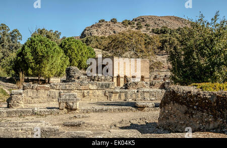 Vue sur le site archéologique de Gortys, qui abrite le Gortyn Code de lois, dans la vallée de la Messara, Héraklion, Crète, Grèce. Banque D'Images