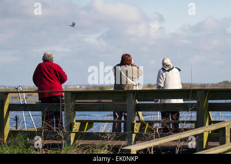 Southport, Merseyside, le 4 avril, 2015. Météo britannique. Pensionnés invalides birdwatching sur Marshside réserver on a bright sunny samedi matin de Pâques. Credit : Mar Photographics/Alamy Live News Banque D'Images